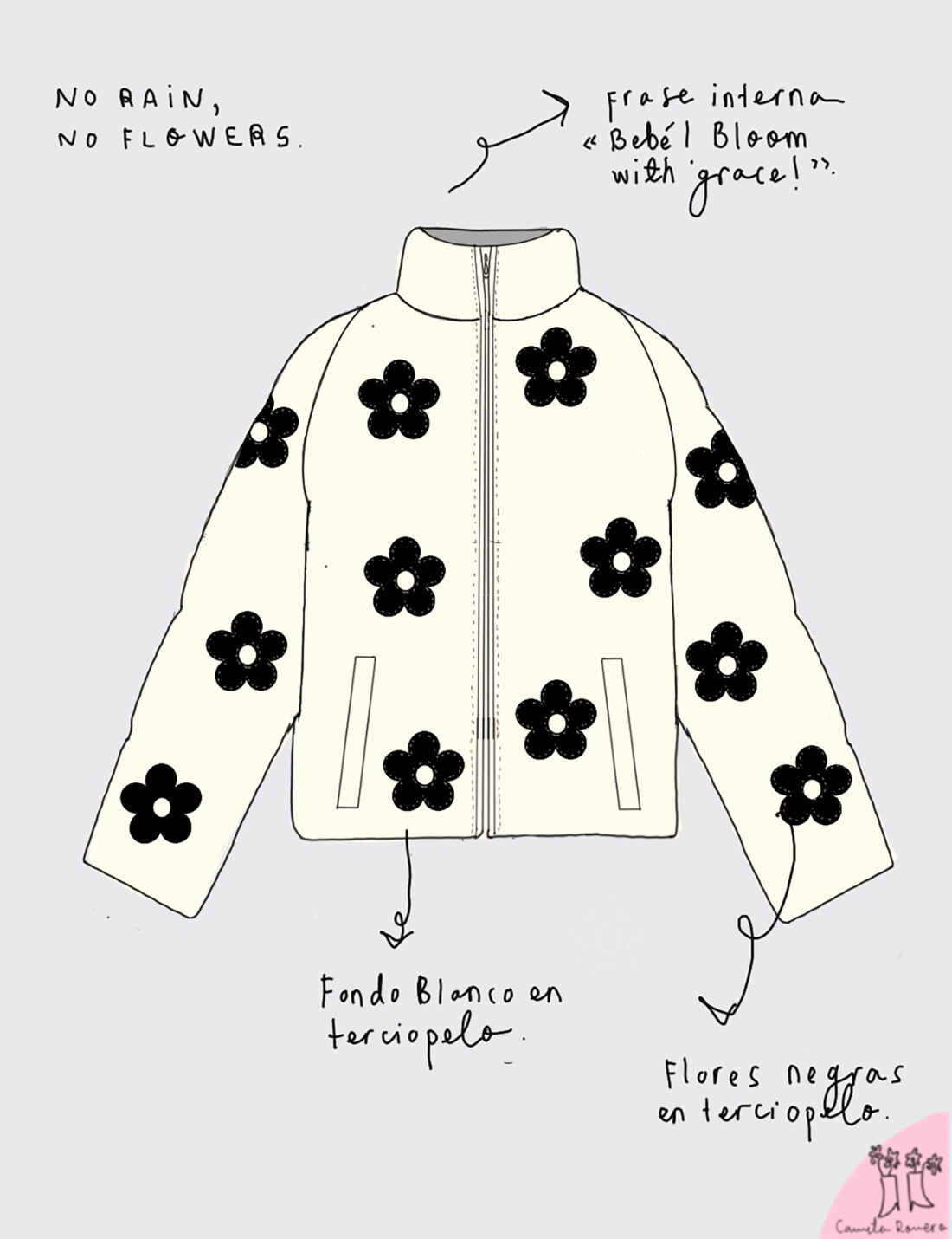 PUFFER JACKET "NO RAIN NO FLOWERS" FONDO BEIGE + FLORES NEGRAS" - Image 6