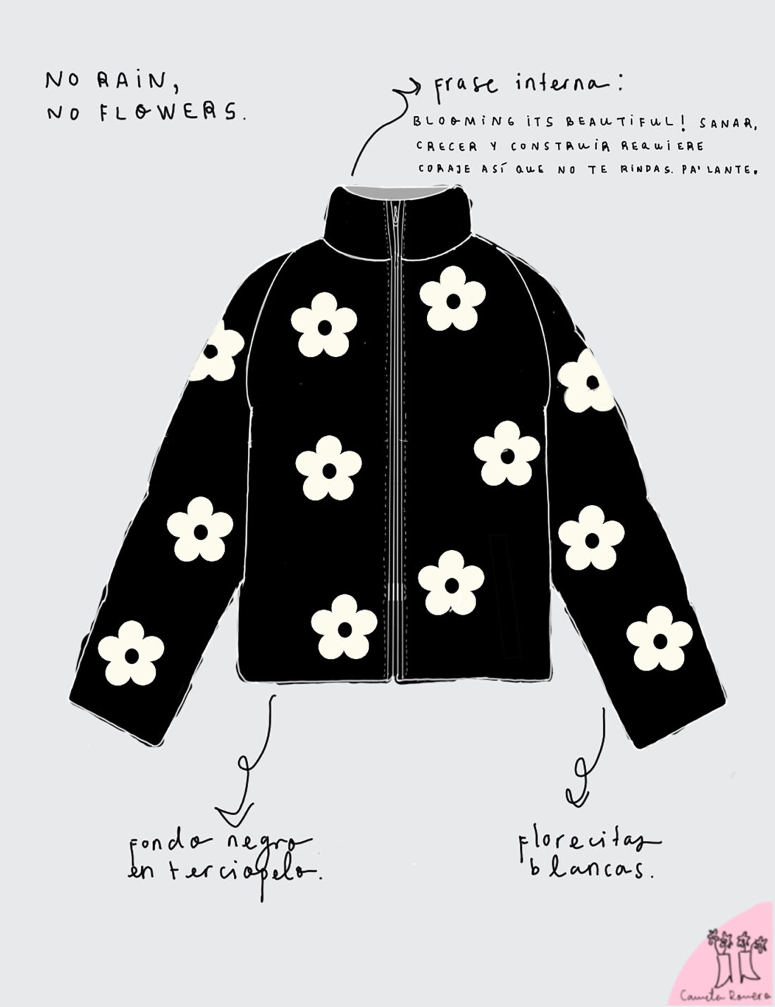 PUFFER JACKET "NO RAIN NO FLOWERS" FONDO NEGRO + FLORES BEIGE" - Image 6
