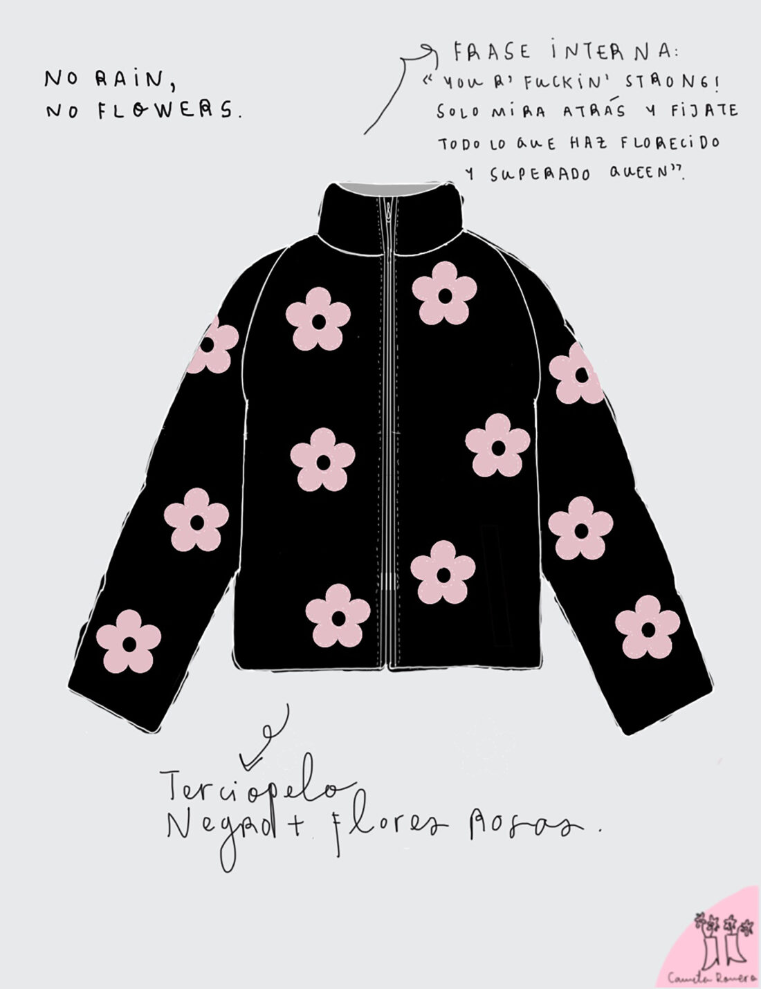 PUFFER JACKET "NO RAIN NO FLOWERS" FONDO NEGRO + FLORES ROSADAS" - Image 6