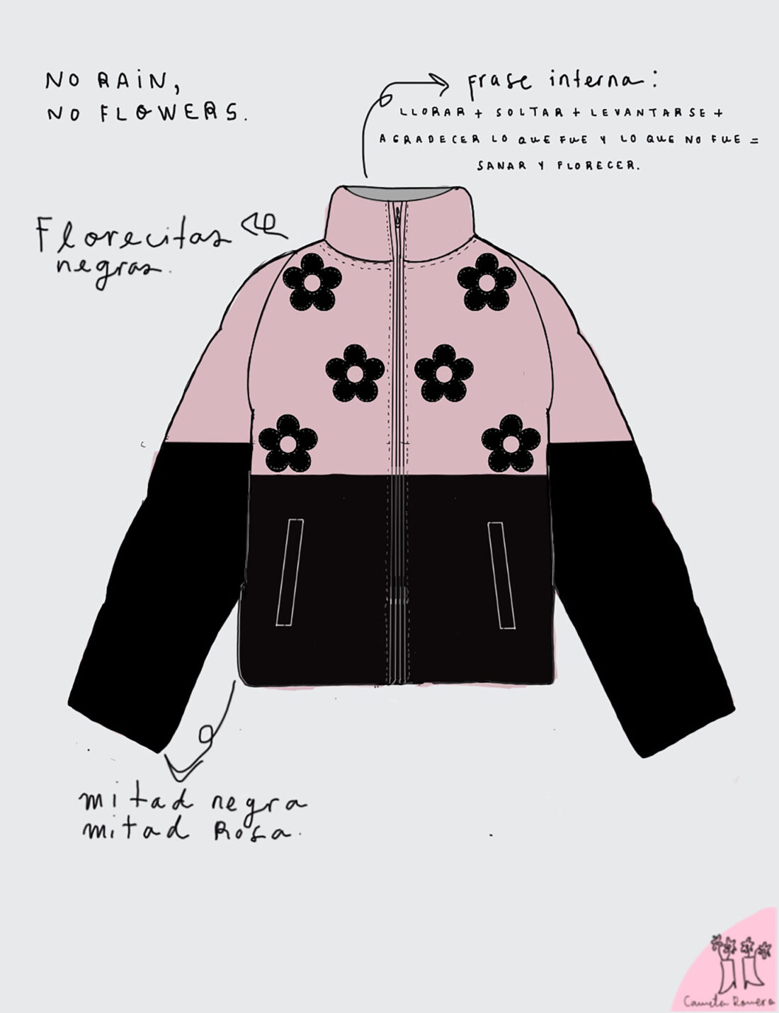 PUFFER JACKET "NO RAIN NO FLOWERS" FONDO ROSADO/NEGRO + FLORES NEGRAS" - Image 5