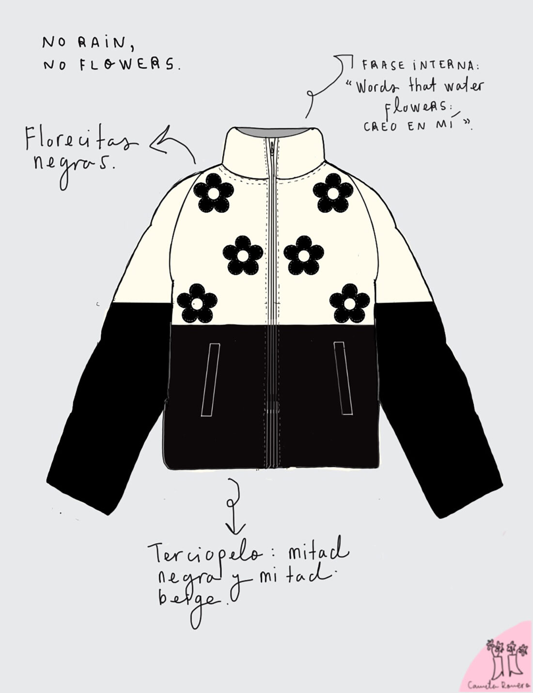 PUFFER JACKET "NO RAIN NO FLOWERS" FONDO BEIGE/NEGRO + FLORES NEGROS" - Image 6