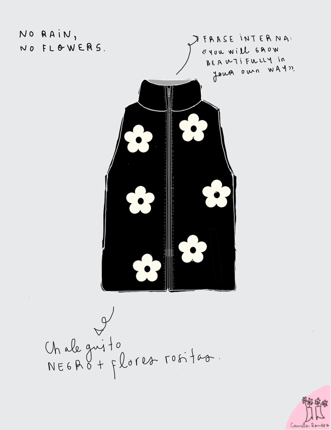 PUFFER VEST "NO RAIN NO FLOWERS" FONDO NEGRO + FLORES BEIGE - Image 6
