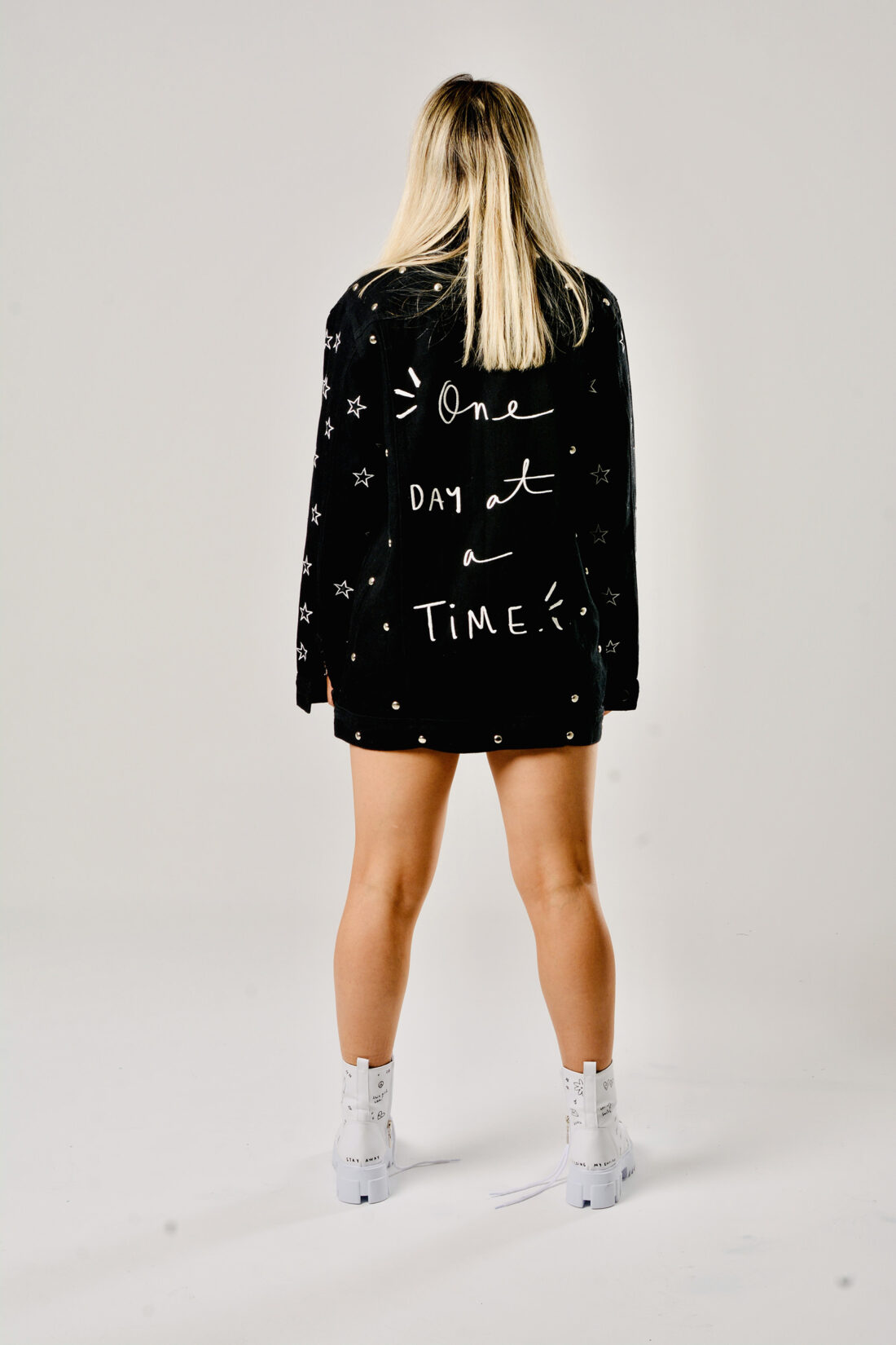 BLACK DENIM JACKET "ONE DAY AT A TIME"